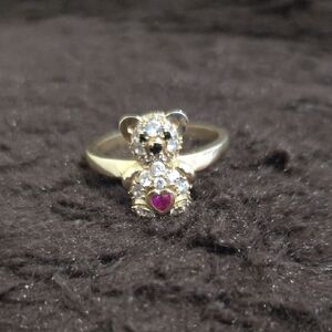 10k Gold Teddy Bear Ring with Pink Heart